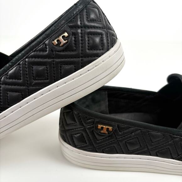 Tory Burch Jesse Quilted Leather Slip On Sneaker Black Size 10 Loafer Flats Logo - Picture 8 of 16